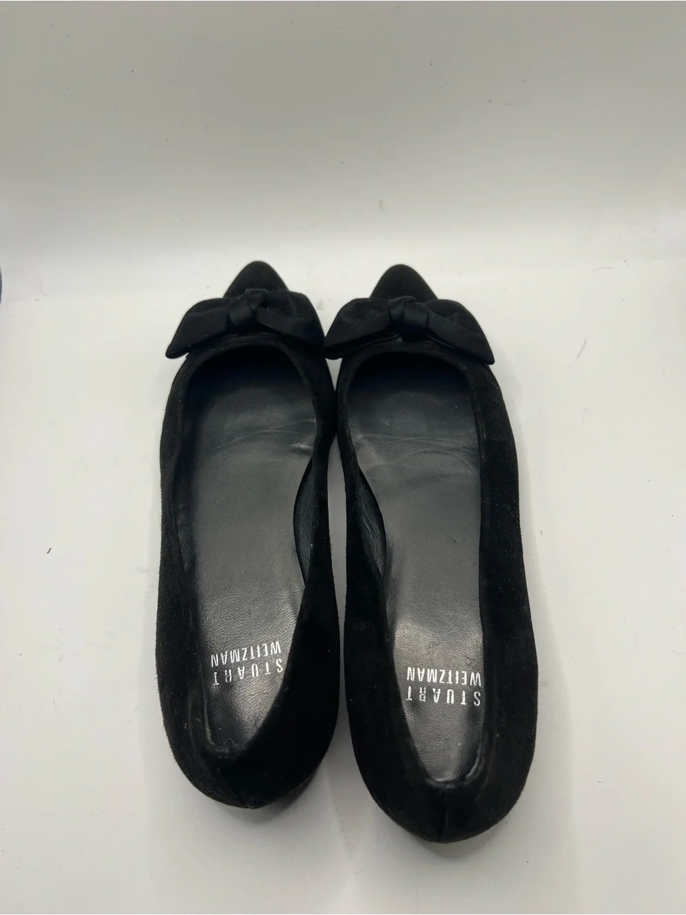 Stuart Weitzman Black Suede Pointed Toe Flats with Bow